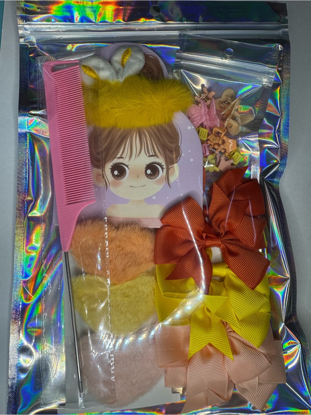 Kids Hair Accessory Set - Yellow, Orange, Pink Bow & Fuzzy Clips